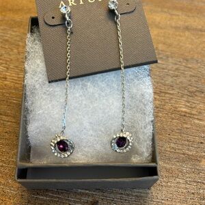Elegant rhodium, amethyst and crystal drop earring New in Box